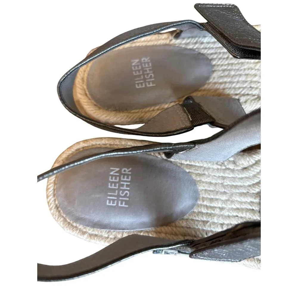 Eileen Fisher Max Metallic Leather Bronze‎ Size 8.5 Espadrille Sandal Adj Strap